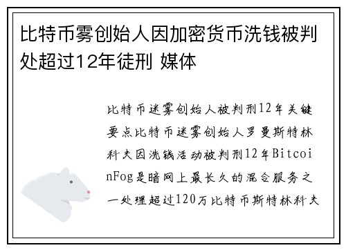 比特币雾创始人因加密货币洗钱被判处超过12年徒刑 媒体